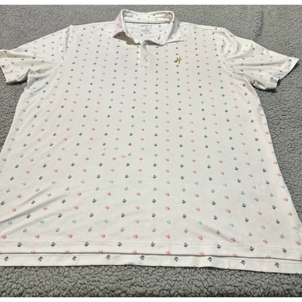 NWT Johnnie O Men's Golf Polo Shirt Drink Pattern Print Size XL White Harvester